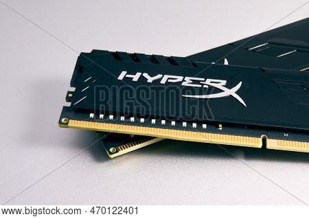 Ryazan, Russia - February 5, 2023: Hyperx Ddr4 Ram Modules On A Silver Surface Close-up. Parts For B