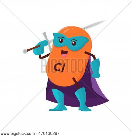 Cartoon Chlorium Superhero Micronutrient Character. Vector Funny Cl Personage. Nutrient Knight Defen