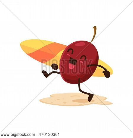 Amusing Cartoon Plum Character With Surf Board On Beach. Fresh Prune Personage At Seaside Getaway. I