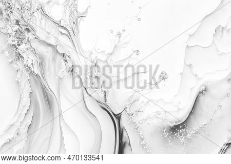 Abstract White Glay Alcohol Ink Background, Hand Painted Liquid Ink Gold Splashes Effect
