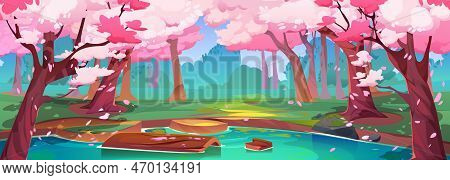 Spring Forest With Japanese Cherry Trees And Lake. Park Landscape With Sakura Trees With Falling Pin