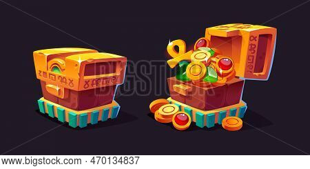 Cartoon Set Of Egyptian Treasure Chest Isolated On Black Background. Vector Illustration Of Closed A