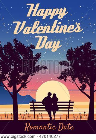 Happy Valentines Day Poster, Retro. Silhouette Loving Couple On The Bench At Night Sea Resort