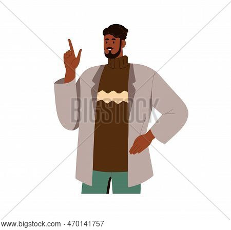 Man Speaking With Finger Up, Pointing Gesture. Male Character Giving Advice, Telling Ideas, Noting, 