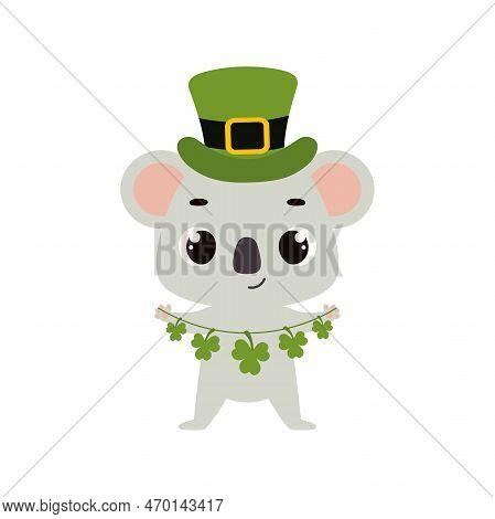 Cute Koala In Green Leprechaun Hat With Clover. Irish Holiday Folklore Theme. Cartoon Design For Car