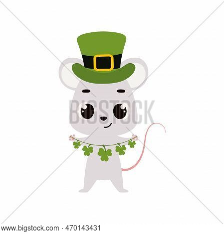 Cute Mouse In Green Leprechaun Hat With Clover. Irish Holiday Folklore Theme. Cartoon Design For Car