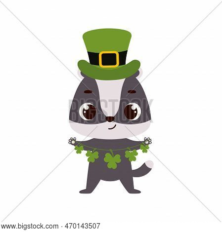 Cute Badger In Green Leprechaun Hat With Clover. Irish Holiday Folklore Theme. Cartoon Design For Ca