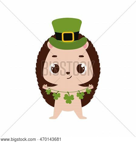 Cute Hedgehog In Green Leprechaun Hat With Clover. Irish Holiday Folklore Theme. Cartoon Design For 