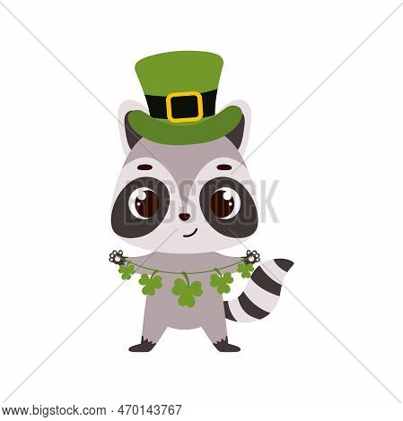 Cute Raccoon In Green Leprechaun Hat With Clover. Irish Holiday Folklore Theme. Cartoon Design For C