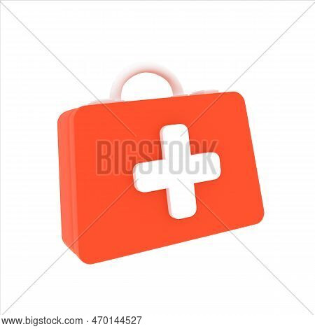 3d First Aid Kit. Red Medical Box With A White Cross Isolated. Emergency Case. Simple Design Of Fris