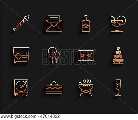 Set Line Vinyl Player With A Vinyl Disk, Cake, Firework Rocket, Barbecue Grill, Glass Of Champagne, 