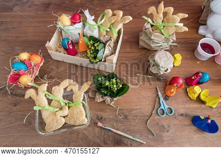 Easter Crafting Workshop With Delicious Bunny And Decoration. Handmade Pastel Easter Eggs For Easter