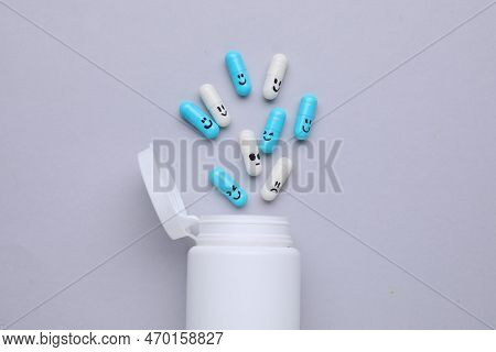 Antidepressants And Medical Bottle On Grey Background, Flat Lay