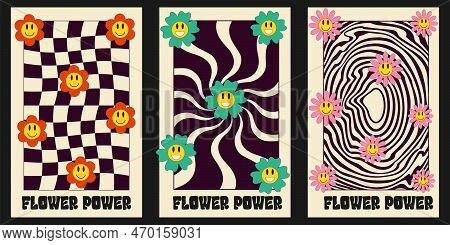 Vector Set Of Hipie Posters With Cartoon Groovy Daisy.flower Power. Placard With Funny Smile Faces I
