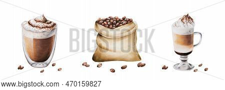 Watercolor Set With Coffee. Hand Painting On Isolated Background. Mocha Coffee, Jute Coffee Bag, Lat