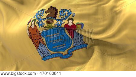 Close-up Of The New Jersey State Flag. Coat Of Arms On Buff Background. Us State. Rippled Fabric. Te