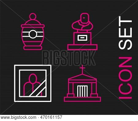 Set Line Old Crypt, Mourning Photo Frame, Grave With Tombstone And Funeral Icon. Vector