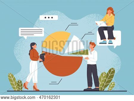 Market Share Gain. Man And Women Near Diagram. Analysts Evaluate Infographics And Statistics. Busine