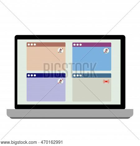 Screen Of Laptop With Interface For Video Conference And Online Calling, Lesson Or Lecture. Vector I