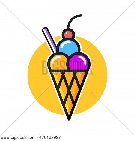 Ice Cream Icon Flat Cartoon, Colored Balls With Cherry On Top. Vector Illustration. Summer Snack, Wh
