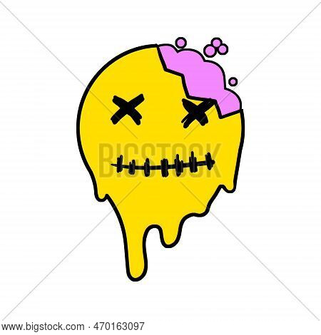 Acid Smile Face With Brain. Melted Rave And Techno Symbol Of 90s.