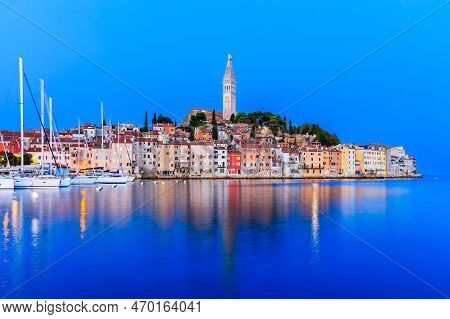 Rovinj, Croatia. Evening View Of Old Town On The Western Coast Of The Istrian Peninsula.