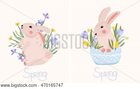 Composition With A Cute Rabbit, Spring Flowers, Green Leaves On The Inscription Spring. Bright Compo