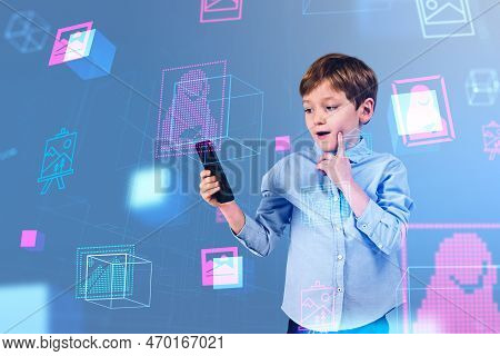 Excited Child Boy With Phone In Hand. Digital Hologram With Nft Artwork, Digital Content Marketplace