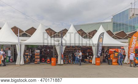 Novi Sad, Serbia - May 23, 2022: Fiskars Gardening Equipment And Villager Tools Stand Tent At Agricu