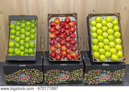 Novi Sad, Serbia - September 18, 2021: Solea Apples Packed In Cardboard Crates Produced By Aldahra C