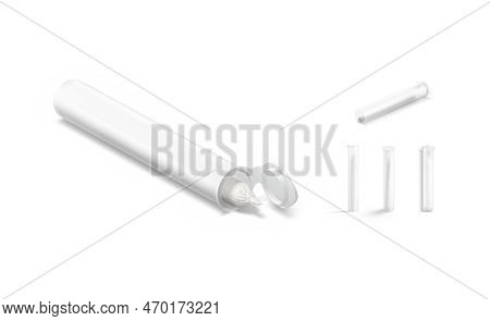 Blank White Weed Joint Plastic Tube Pack Mockup, Different Views, 3d Rendering. Empty Drug Stuff Pac