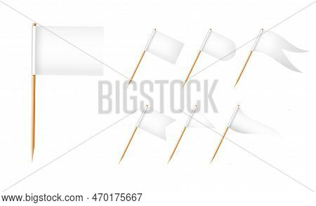 Toothpick Flags. Wooden Toothpicks With White Paper Flag. Location Mark, Map Pointer. Vector