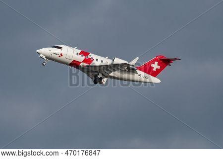 Zurich, Switzerland, January 20,2023 Rega Swiss Air Ambulance Bombardier Challenger 650 Aircraft Tak