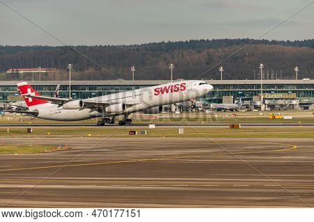 Zurich, Switzerland, January 20,2023 Swiss International Airlines Airbus A340-313 Aircraft Takeoff F