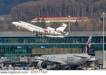 Zurich, Switzerland, January 20,2023 Dessault Falcon 7x Business Aircraft Takeoff From Runway 28 Aft