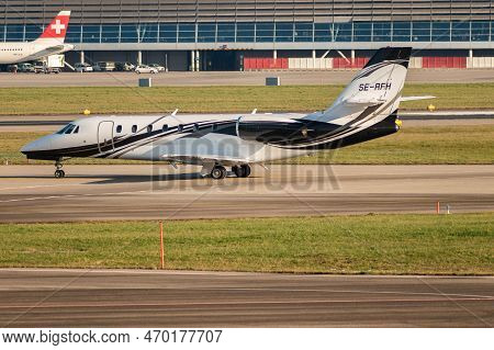 Zurich, Switzerland, January 20,2023 Cessna 680 Citation Sovereign Business Aircraft Is Taxiing Duri