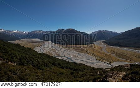 Alpine Mountain Valley Panorama Landscape With Braided River Waimakariri From Bealey Spur Track Arth