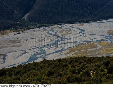 Alpine Mountain Valley Panorama Landscape With Braided River Waimakariri From Bealey Spur Track Arth