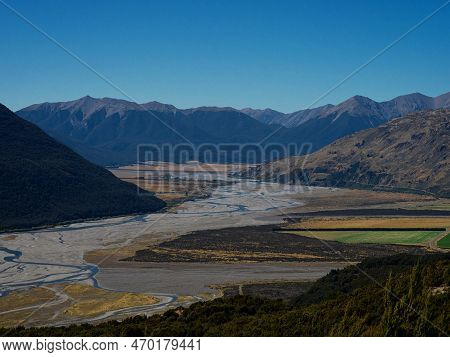 Alpine Mountain Valley Panorama Landscape With Braided River Waimakariri From Bealey Spur Track Arth