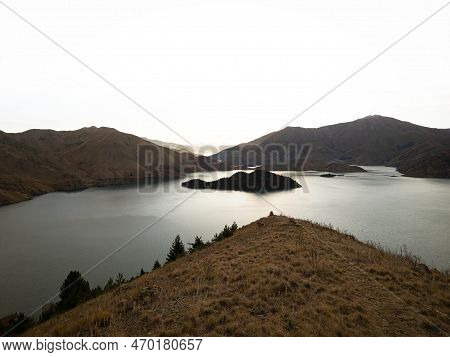 Panorama View Of Mountain Lake Nature Landscape On Benmore Peninsula And Waitaki River In Canterbury
