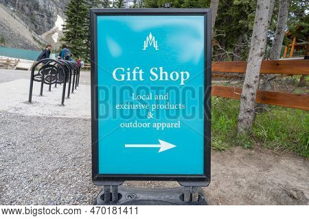 Alberta, Canada - July 9, 2022: Sign For The Moraine Lake Gift Shop In Banff National Park