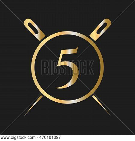 Initial Letter 5 Tailor Logo, Needle And Thread Combination For Embroider, Textile, Fashion, Cloth, 
