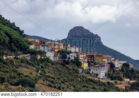 Small Touristic Town, Baunei, In The Mountains Of Sardinia, Italy. Cloudy Rainy Day. Fall Season