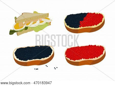 Sandwich With Eggs, Sauce And Salad. Vector Illustration. Sandwich With Butter And Black And Red Cav