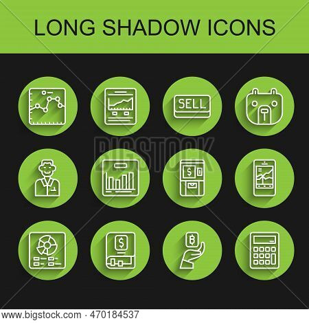 Set Line Pie Chart Infographic, Financial Book, Browser With Growth, Hand Holding Bitcoin, Calculato