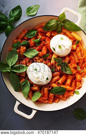Penne Pasta Marinara With Buratta Cheese And Fresh Basil