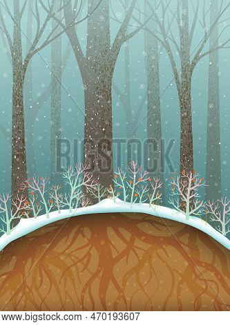 Winter Forest With Roots Below Ground, Trees And Bushes Covered With Snow And Snowfall. Woods And Ro
