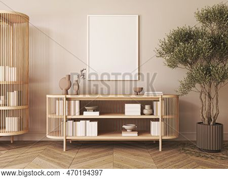 Canvas Mockup In Minimal Japandi Interior Background With Plant Tree And Rustic Decor. 3d Render. Hi