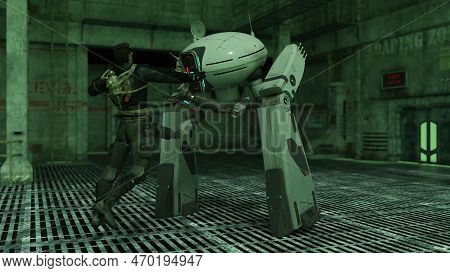 3d-illustration Of A Biped Droid Or Robot In A Science Fiction Starship