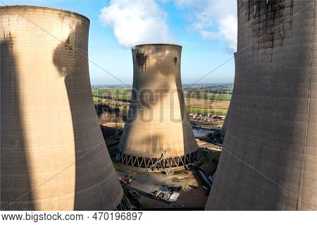 A Close Up Aerial View Of A Group Of Cooling Towers At A Coal Fired Power Station
